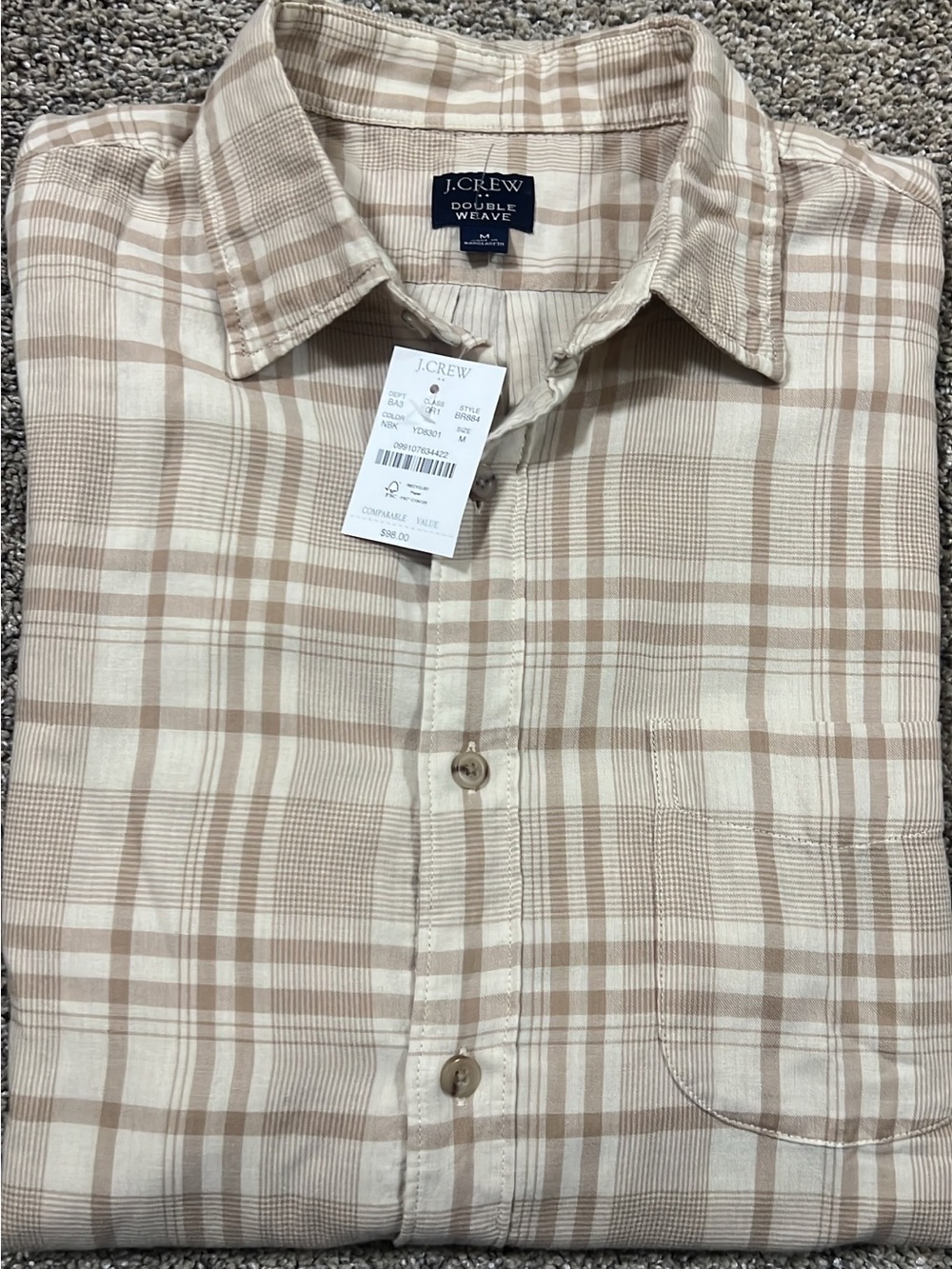 J. Crew Men's Tan and Cream Plaid Button-Down Shirt